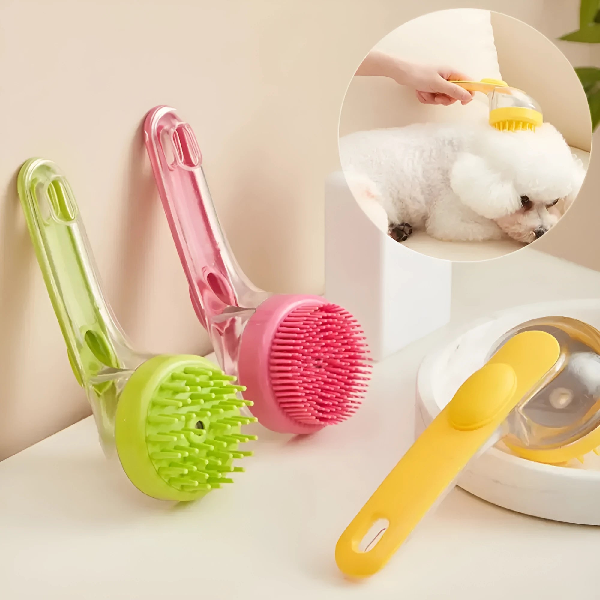 Long handle pet bath brush with shampoo container in yellow on white background