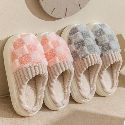 Women's plaid plush slippers with non-slip sole in various colours