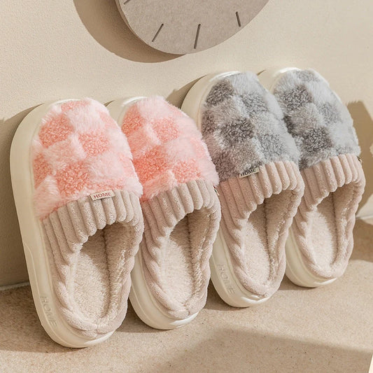 Women's plaid plush slippers with non-slip sole in various colours