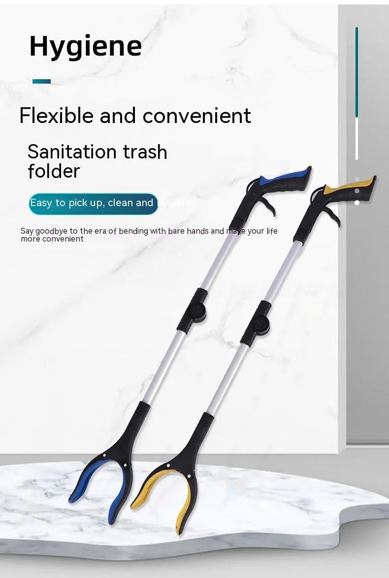 Foldable aluminium rubbish grabber with magnet, shown extended and in blue, orange, and yellow handle colours.