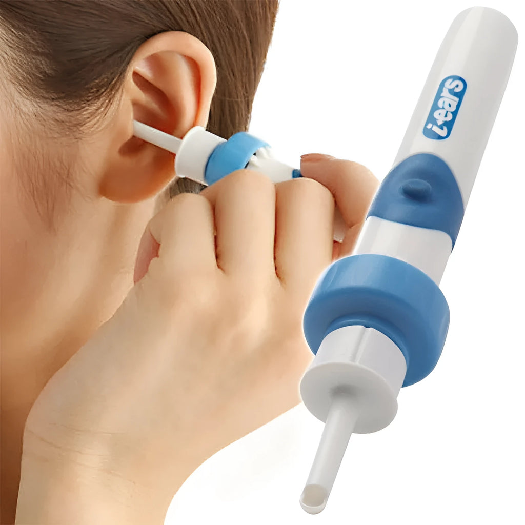 Electric ear scoop ear cleaner with silicone tips and USB charging cable on white background
