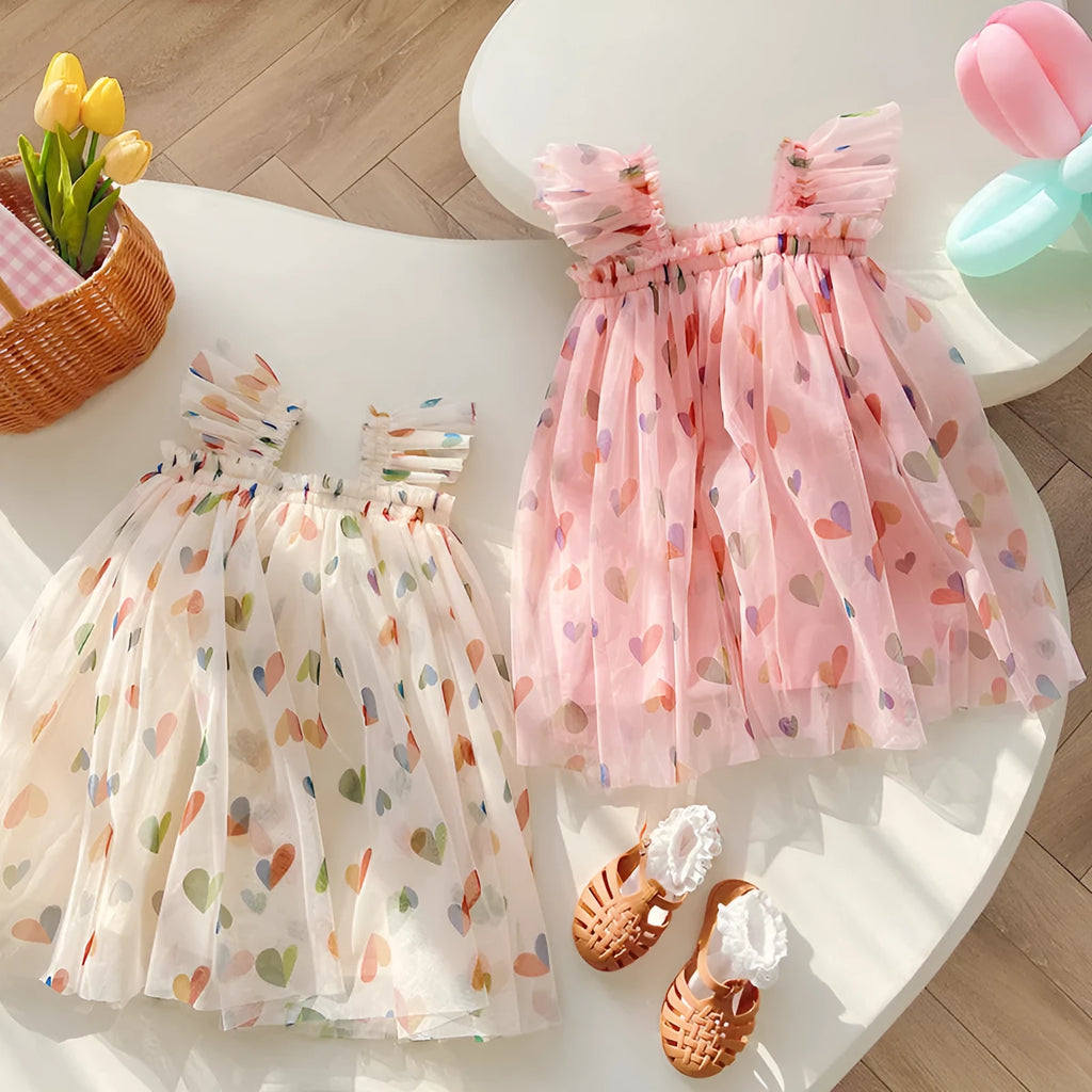 Summer cute heart print mesh girl dress with cotton lining, pink love heart colour, Korean style, suitable for 80-130cm height