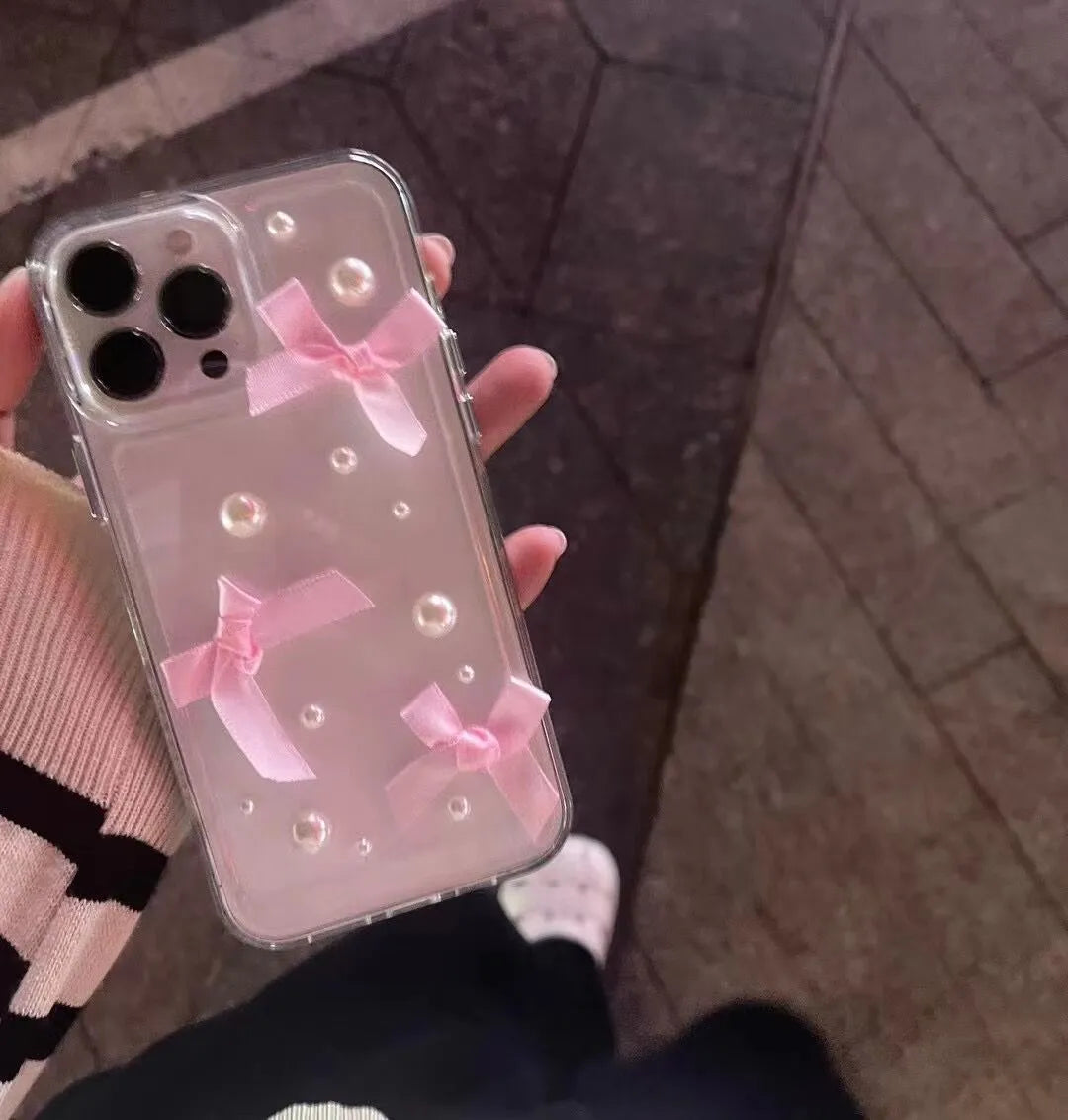 Pink transparent TPU phone case with three-dimensional pearl bow for iPhone 13 Pro Max