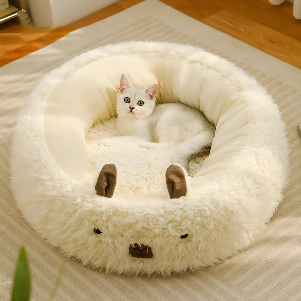 White Cut Alpaca pet bed with raised edges and detachable plush pad for small medium large dogs and cats