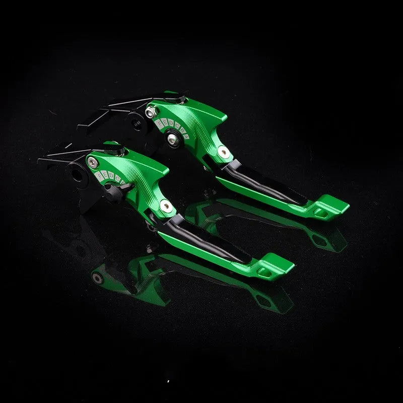 Pair of anodised metal motorcycle horn handle clutch and brake levers with adjustable length mechanism.