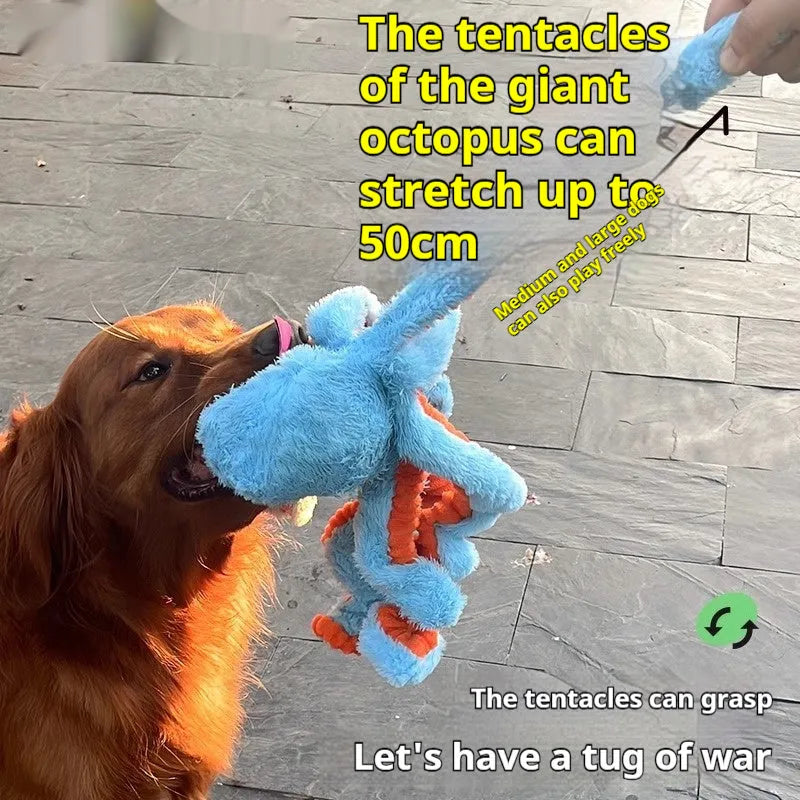 Plush octopus dog interactive pull toy for medium to large dogs in blue with tentacles visible
