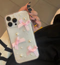 Pink transparent TPU phone case with three-dimensional pearl bow for iPhone 13 Pro Max