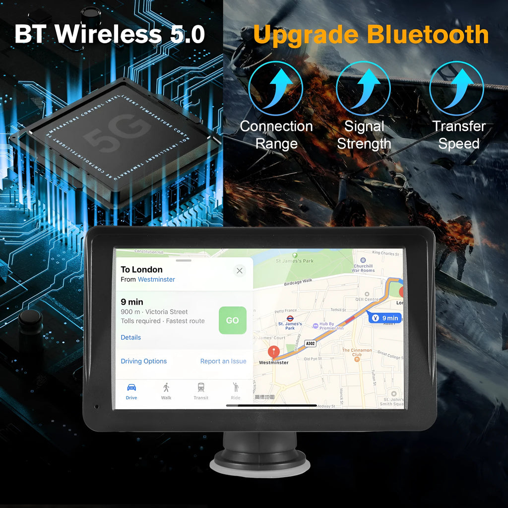 Portable 7-inch car stereo with wireless CarPlay and Android Auto touchscreen display