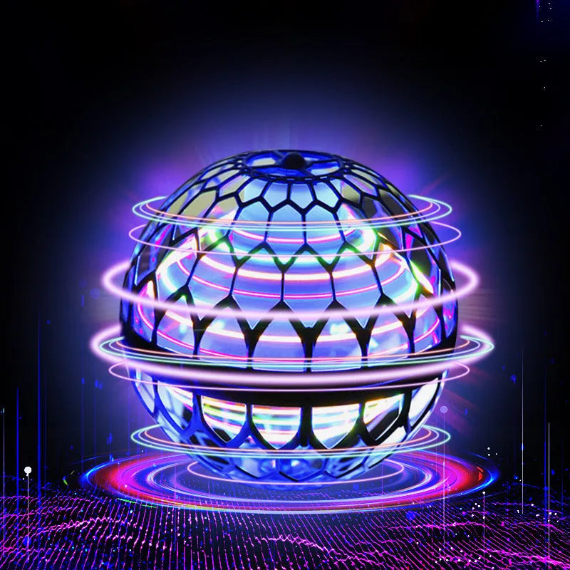 Blue spinning flying ball toy with LED lights hovering above a child's hand.