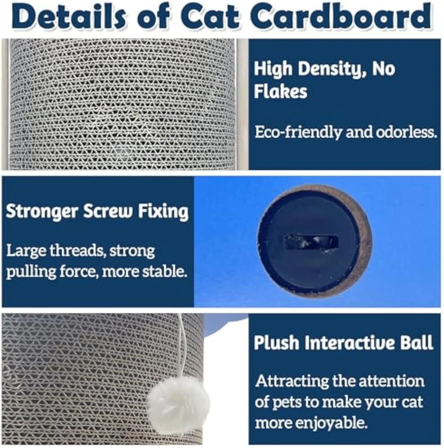 Grey cardboard corner cat scratching pad with hanging ball against a white wall.