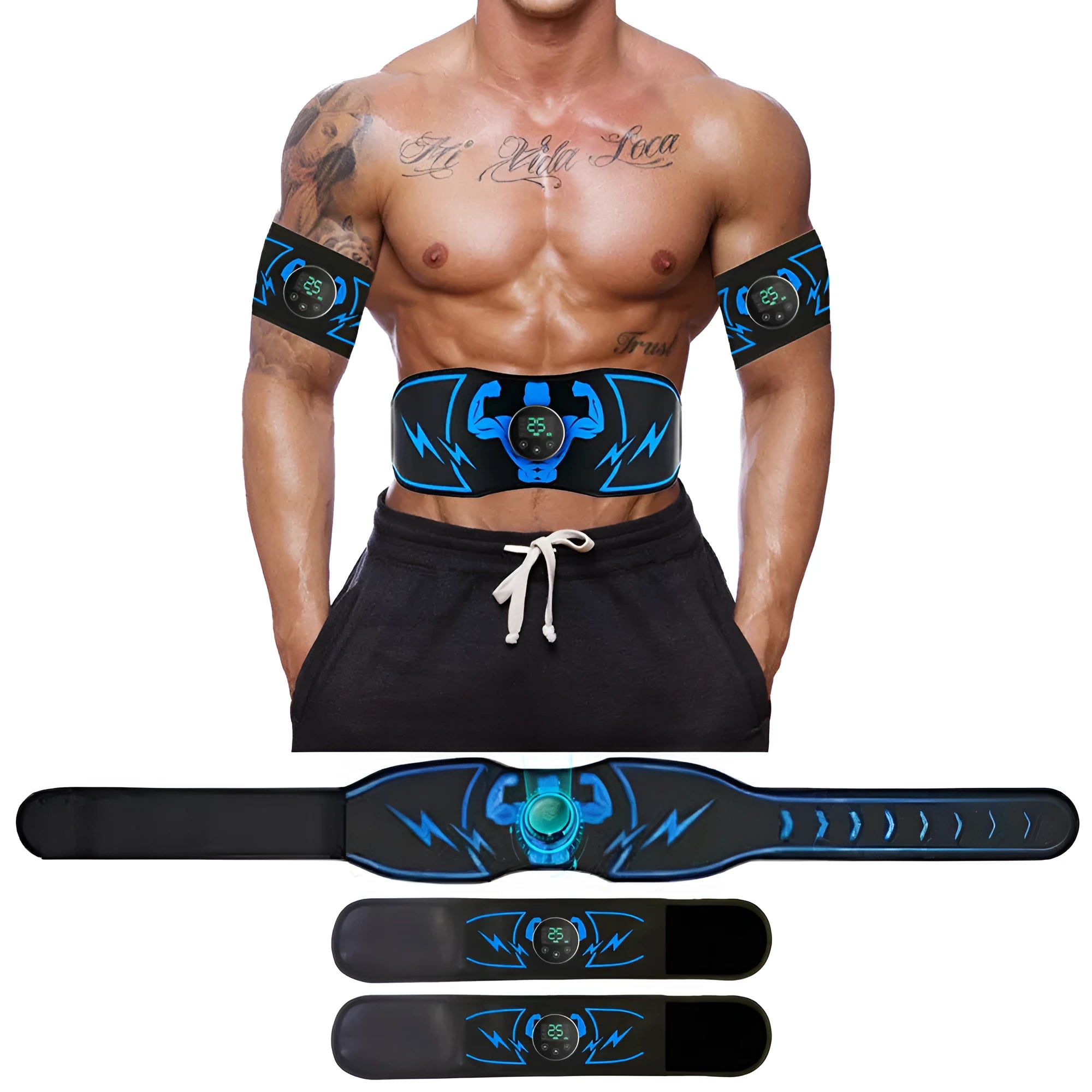 Blue rechargeable EMS abdominal stimulation belt with wireless remote control and arm stickers.