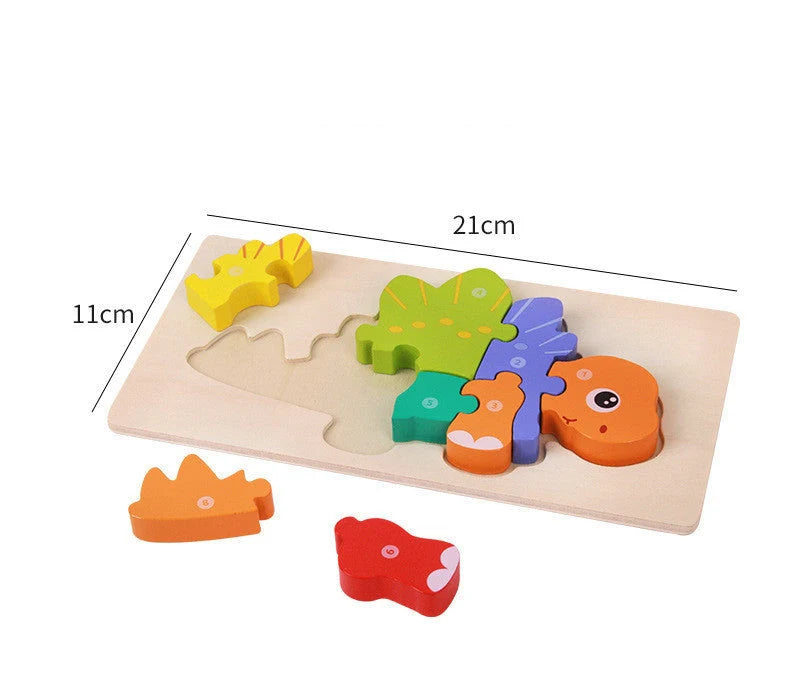Sustainable wooden dinosaur 3D puzzle set for children, including six different models.