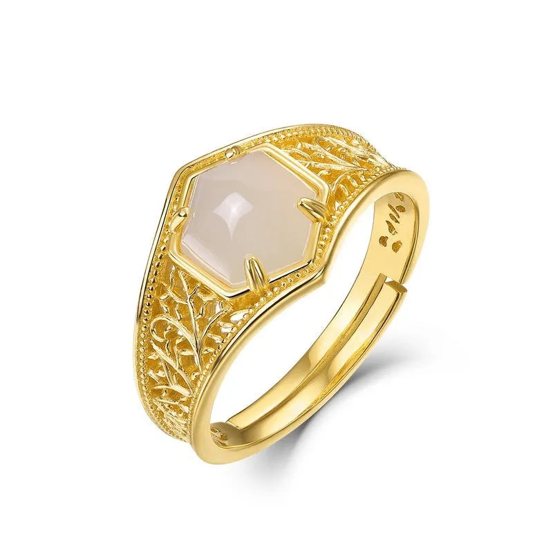 Retro geometric hexagon Hetian jade ring with 10k gold swimming paint finish on silver band, adjustable opening for women
