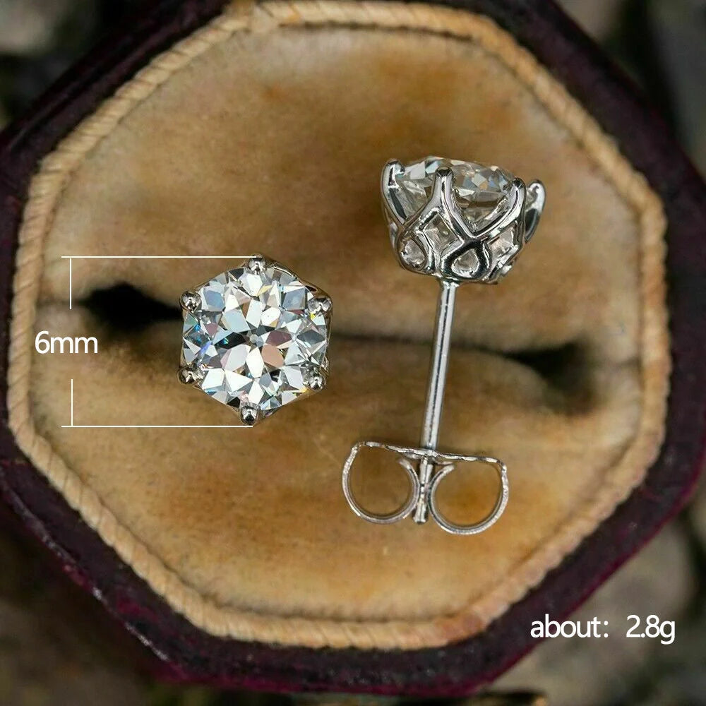 Classic six-claw single diamond zircon ear studs in white gold color