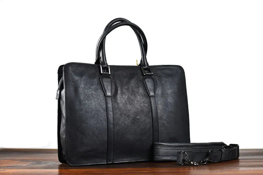 Men's 14-inch khaki leather business handbag with horizontal retro design and zipper opening
