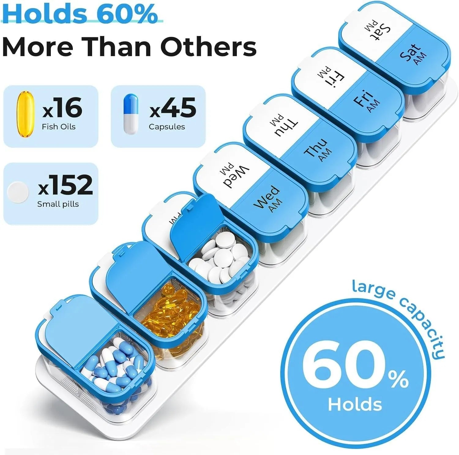 Extra large white and rainbow coloured plastic pill box with 14 removable grid compartments.