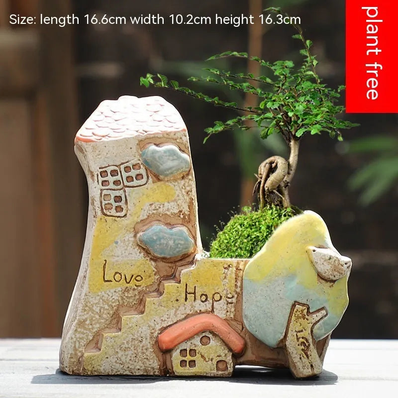 Hand-painted ceramic flower pot with pastoral design and large planting area