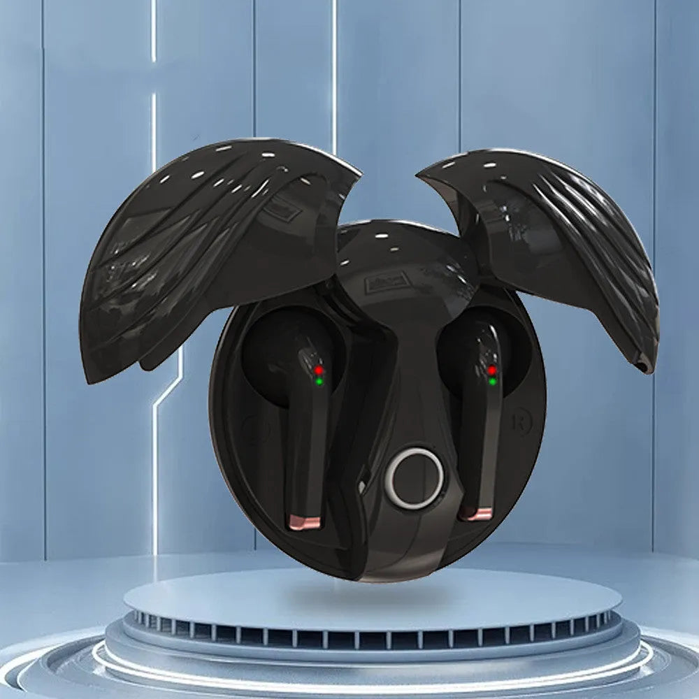 Gaming TWS earphones in Angel Wings private mold design, Black colour, with charging compartment