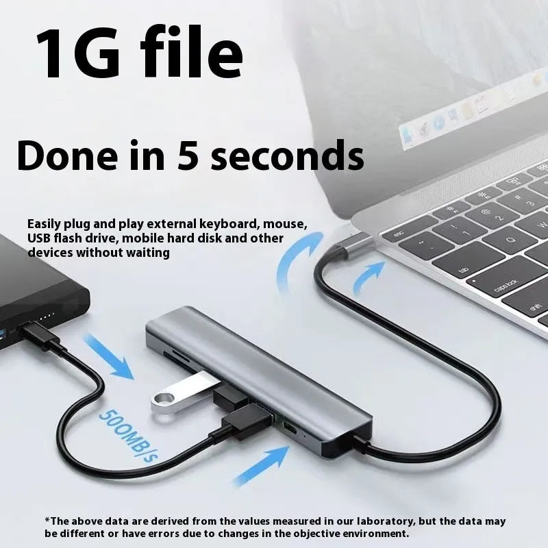Type-C 7-in-1 expansion dock with HDMI port, USB ports, and a 15cm cable connected to a laptop.