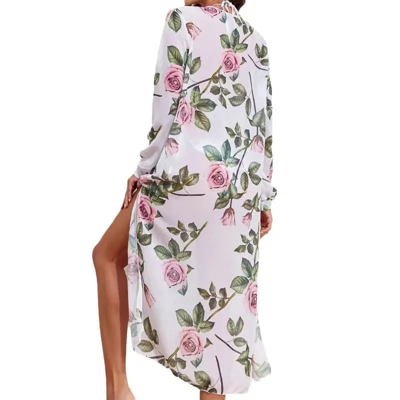 White printed pattern women's three-piece bikini swimsuit set with bra, shorts and jacket blouse