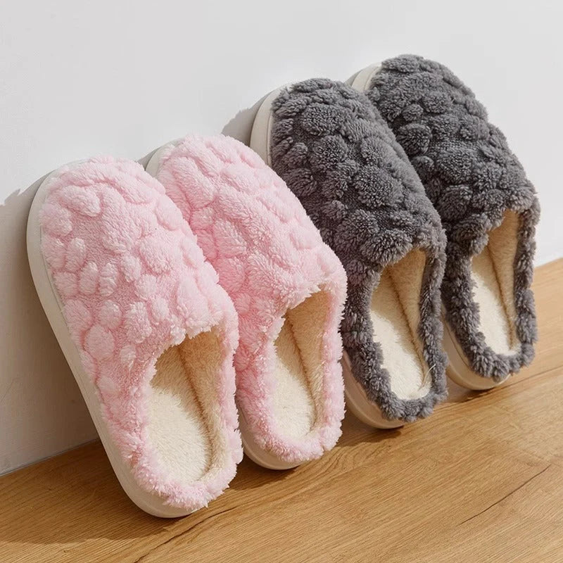 Unisex Cartoon Winter Plush Slippers with Anti-Skid Soft Soled Cotton Shoes in various colours