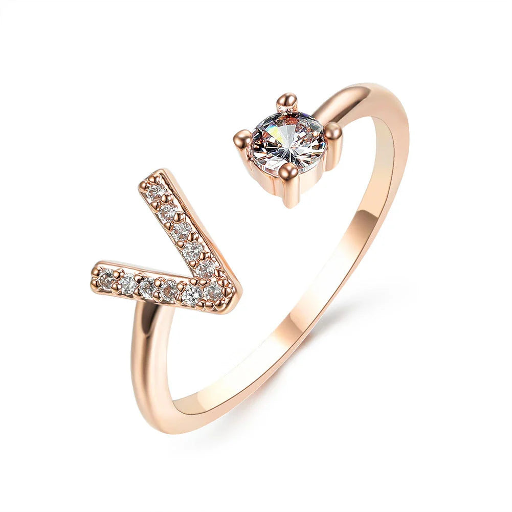 Elegant 26-letter adjustable initial ring in gold, silver, and rose gold finishes