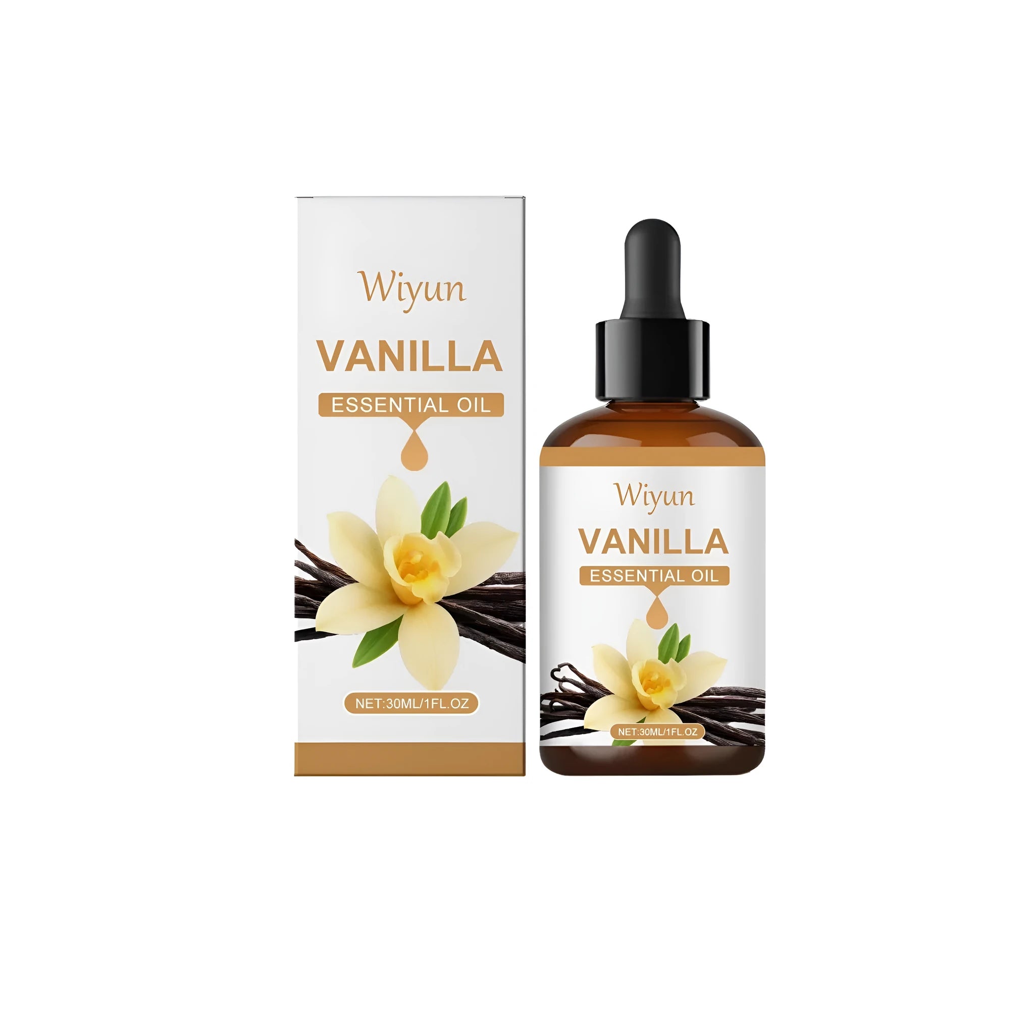 30ml bottle of vanilla flavoured oil with vanilla oil, glycerin and tocopherol ingredients