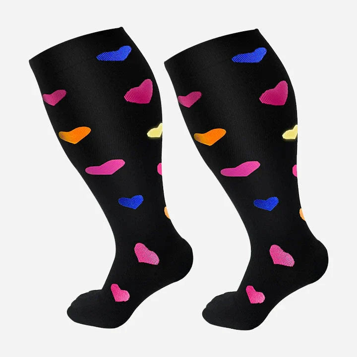 Plus-size compression socks in various stylish patterns for improved leg health and comfort