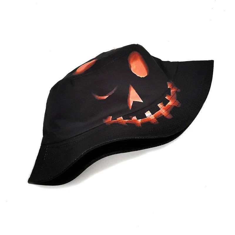 Pumpkin-themed fisherman hat with a flat top design and sun-protective features, perfect for Halloween and autumn activities