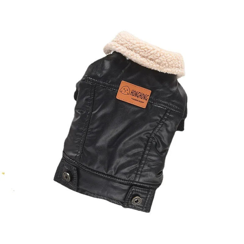 Black British-style PU leather dog coat with fleece lining, shown on a small dog.