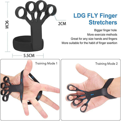 Silicone finger exerciser in black, grey, and blue colors with adjustable resistance levels to strengthen hands and relieve arthritis pain