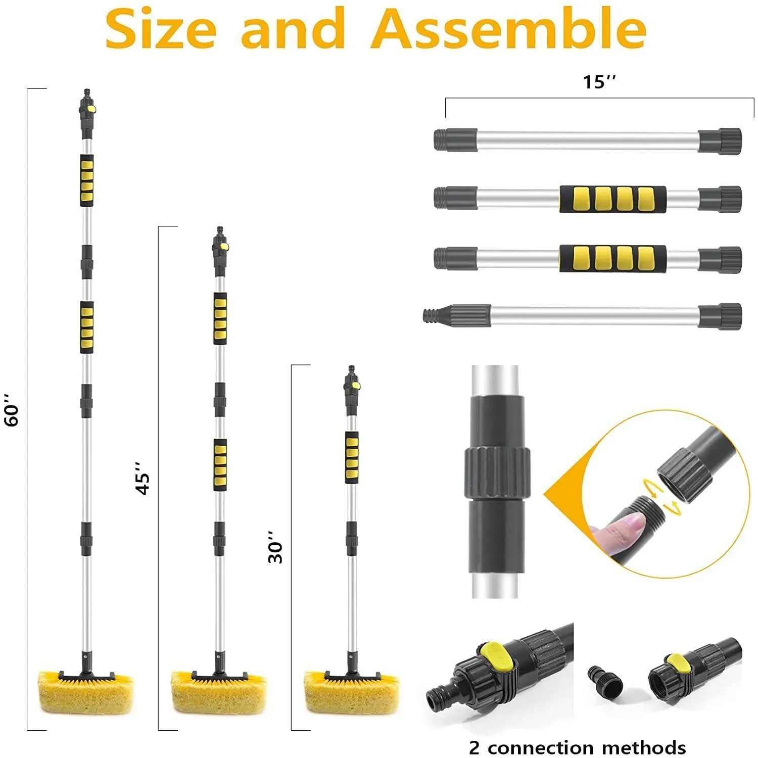 Portable yellow car wash brush with four-section extendable rod and flow-through brush head.