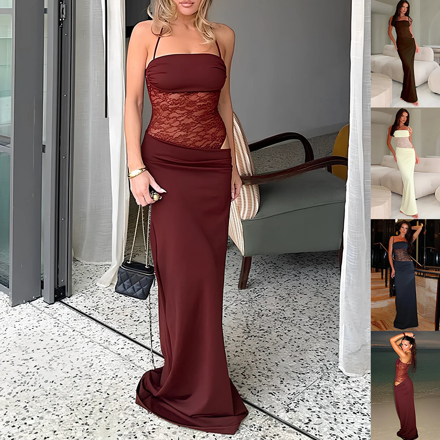 Y2K lace suspender long dress in black, high waist 64cm, length 140cm, sleeveless for party wear