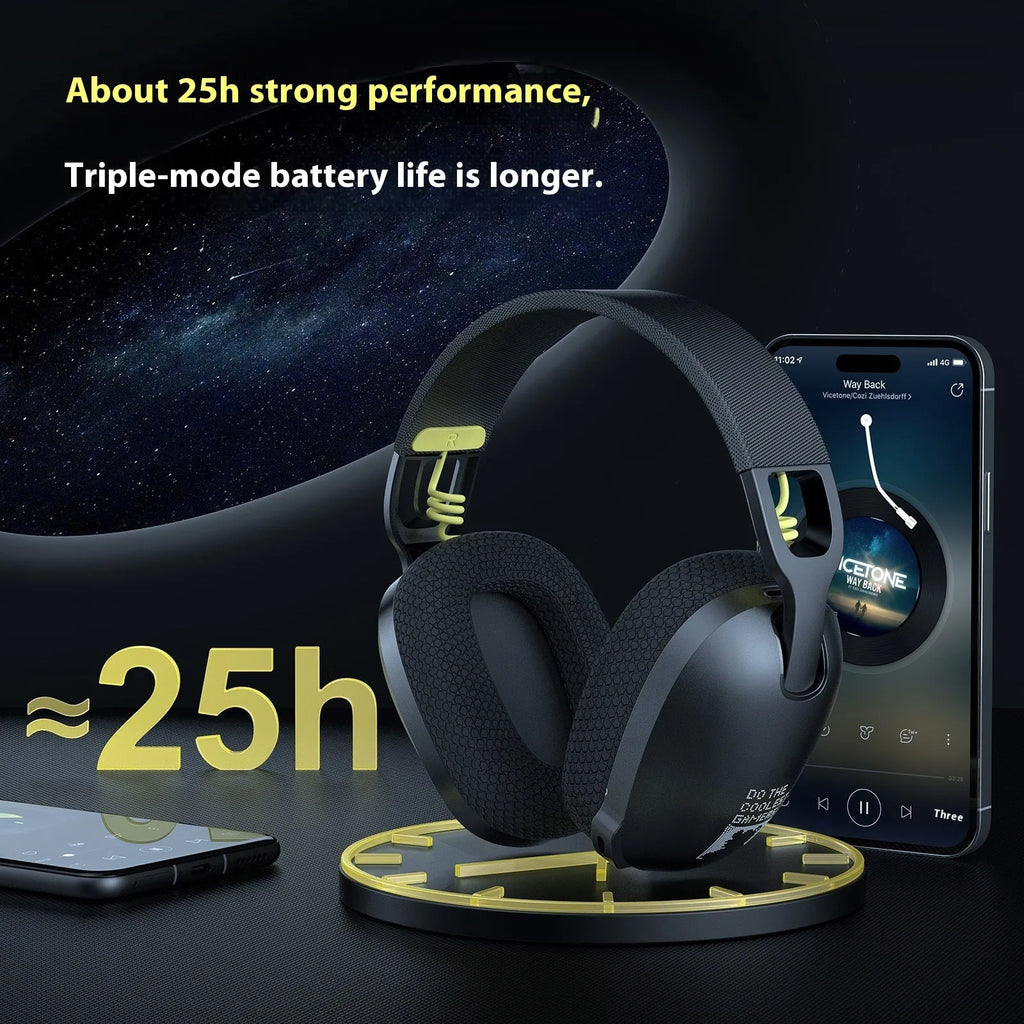 Wireless gaming headset in black colour with head-mounted design and ear cushions