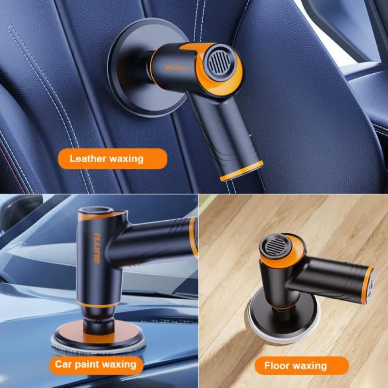 Cordless car polishing machine with black ABS body, orange waxing pad, and 12cm disc on a table