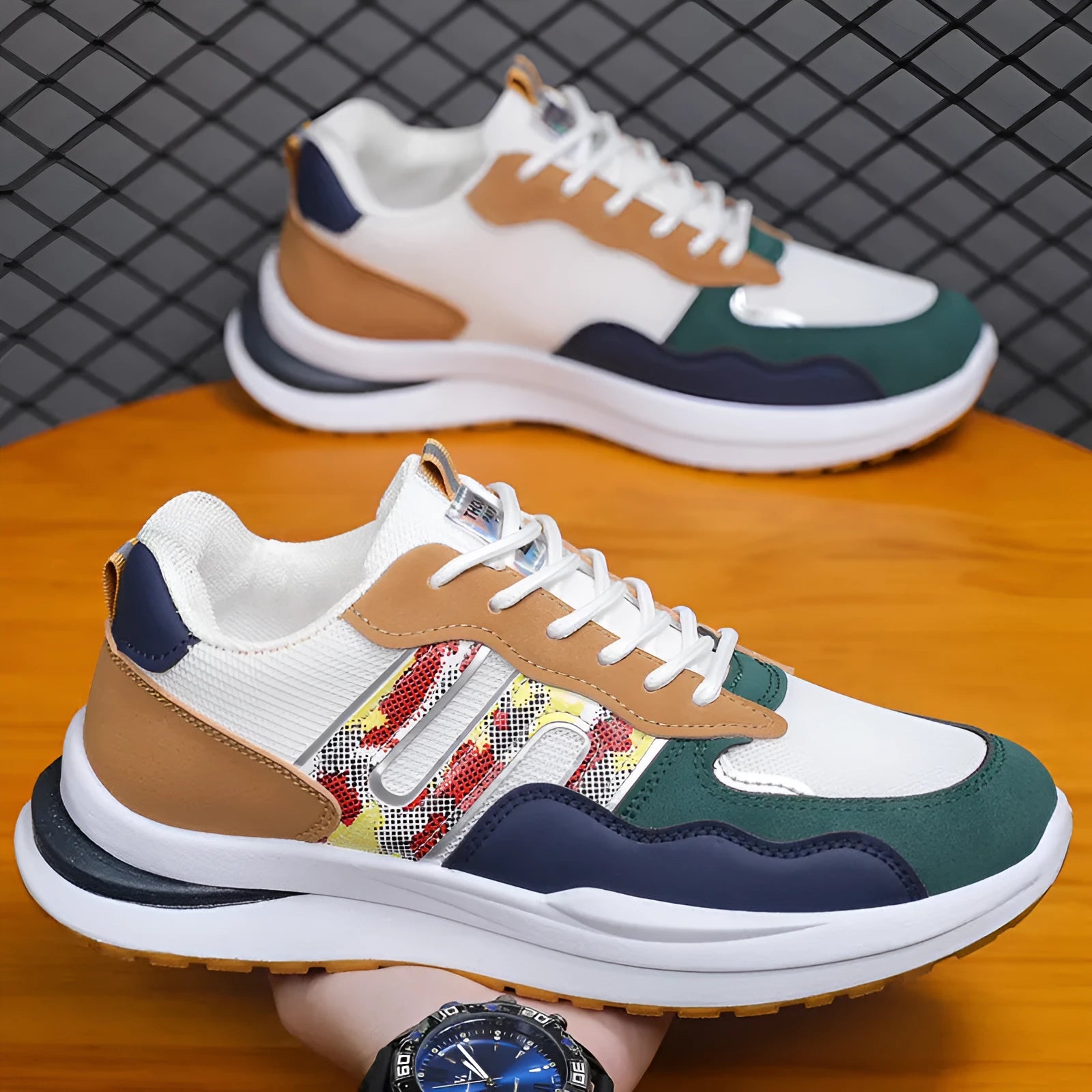 Men's mesh and leather sports casual shoes in white green, available in plus sizes up to 45.