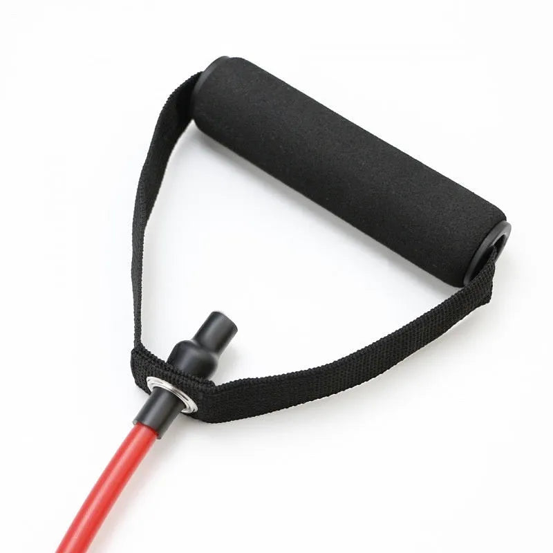TPE tension rope chest expander showing five colour options: yellow, green, red, blue, and black representing different resistance levels