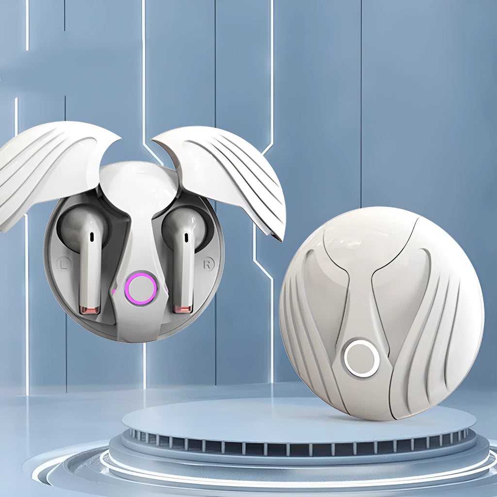 Gaming TWS earphones in Angel Wings private mold design, Black colour, with charging compartment