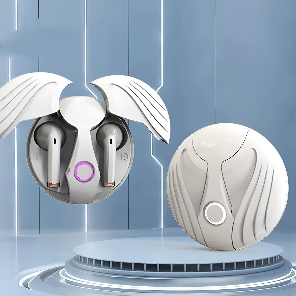 Gaming TWS earphones in Angel Wings private mold design, Black colour, with charging compartment