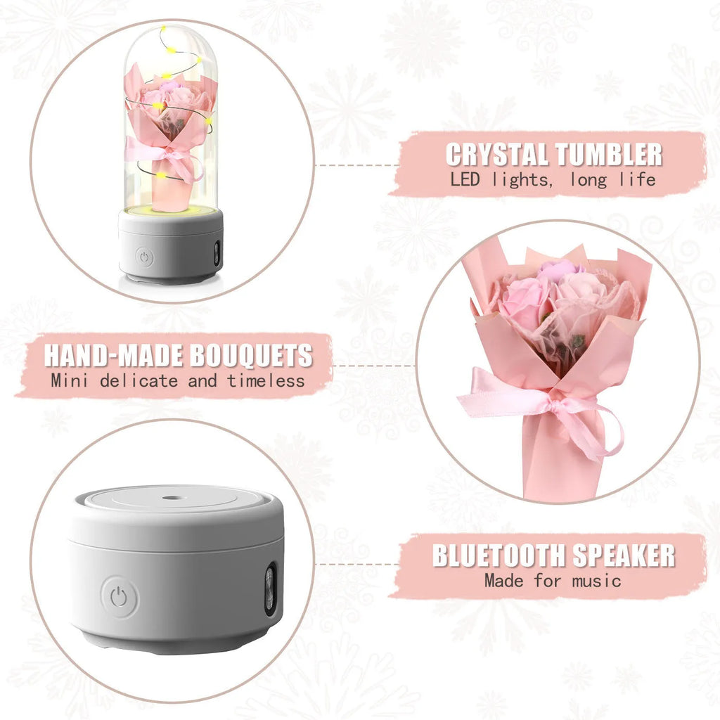 Rose-shaped LED bouquet night light with Bluetooth speaker enclosed in glass cover