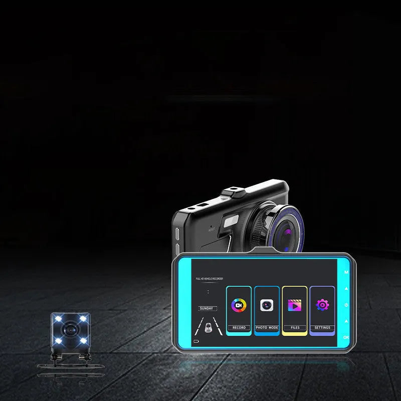 Black dual lens car dash cam with 4-inch touch screen display