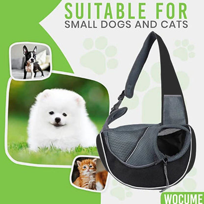 Stylish pet carrier bag with adjustable drawstring closure, breathable design, and zippered bottom for secure pet transport