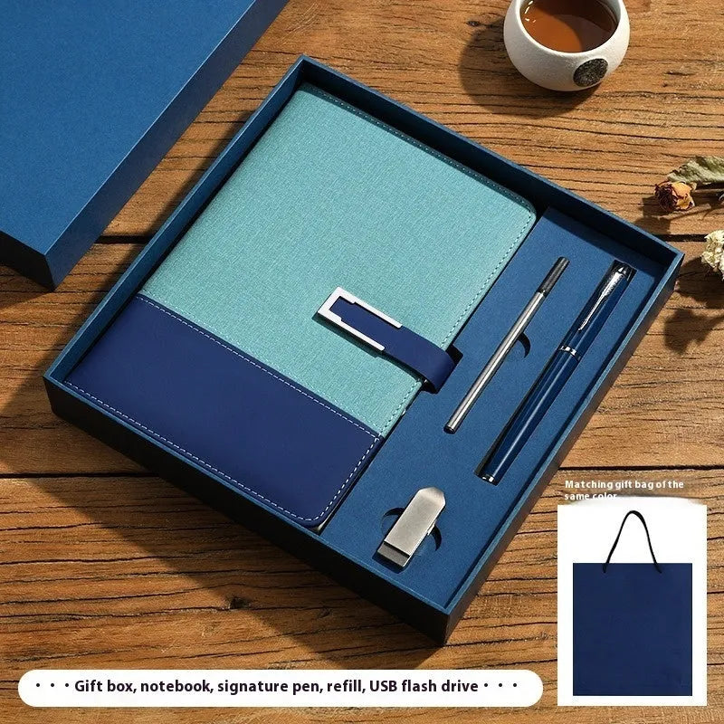 A5 soft PU leather business notebook in choice of five colours, shown with wood-free paper pages and optional gift box.