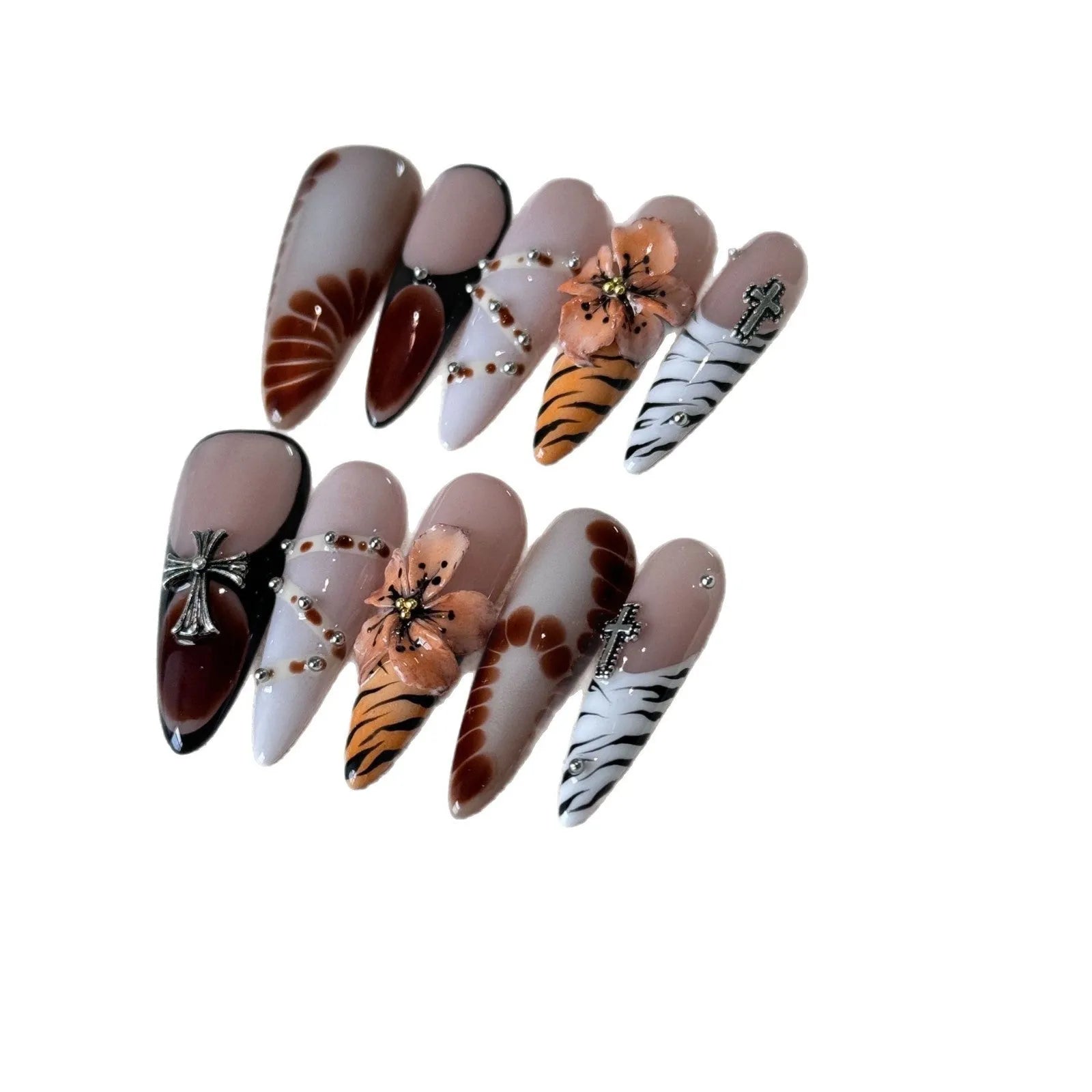 Pack of 10 leopard print, floral, and cross pattern nail stickers in sizes XS, S, M, L.