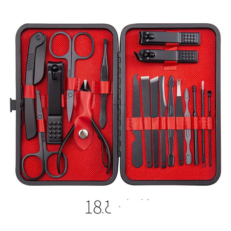 Professional Nail Care Set with stainless steel tools in a leather case