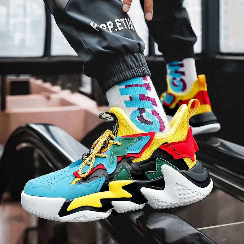 Thick-soled breathable student sneakers in grey, green, and blue with fly-woven mesh upper