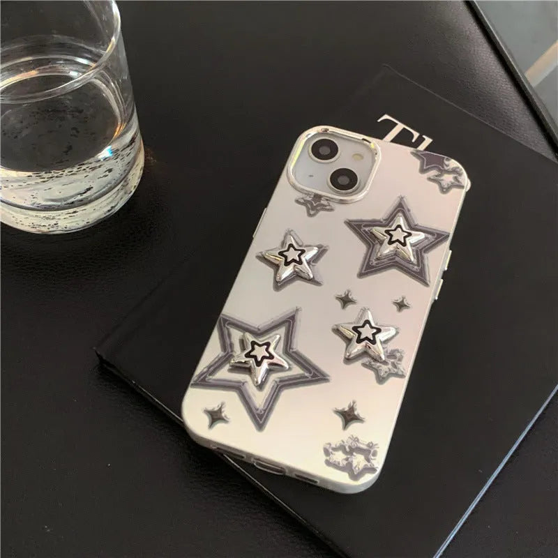 Silver grey electroplated three-dimensional star hard acrylic phone case for iPhone on white background