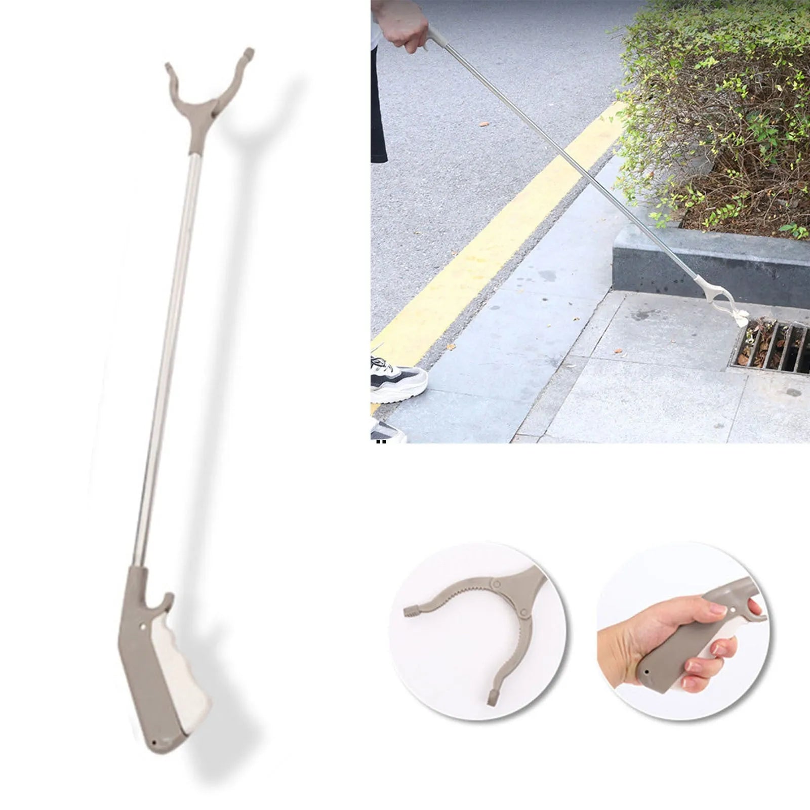 Stainless steel garbage picker with extended 40cm handle and non-slip gripper jaws.