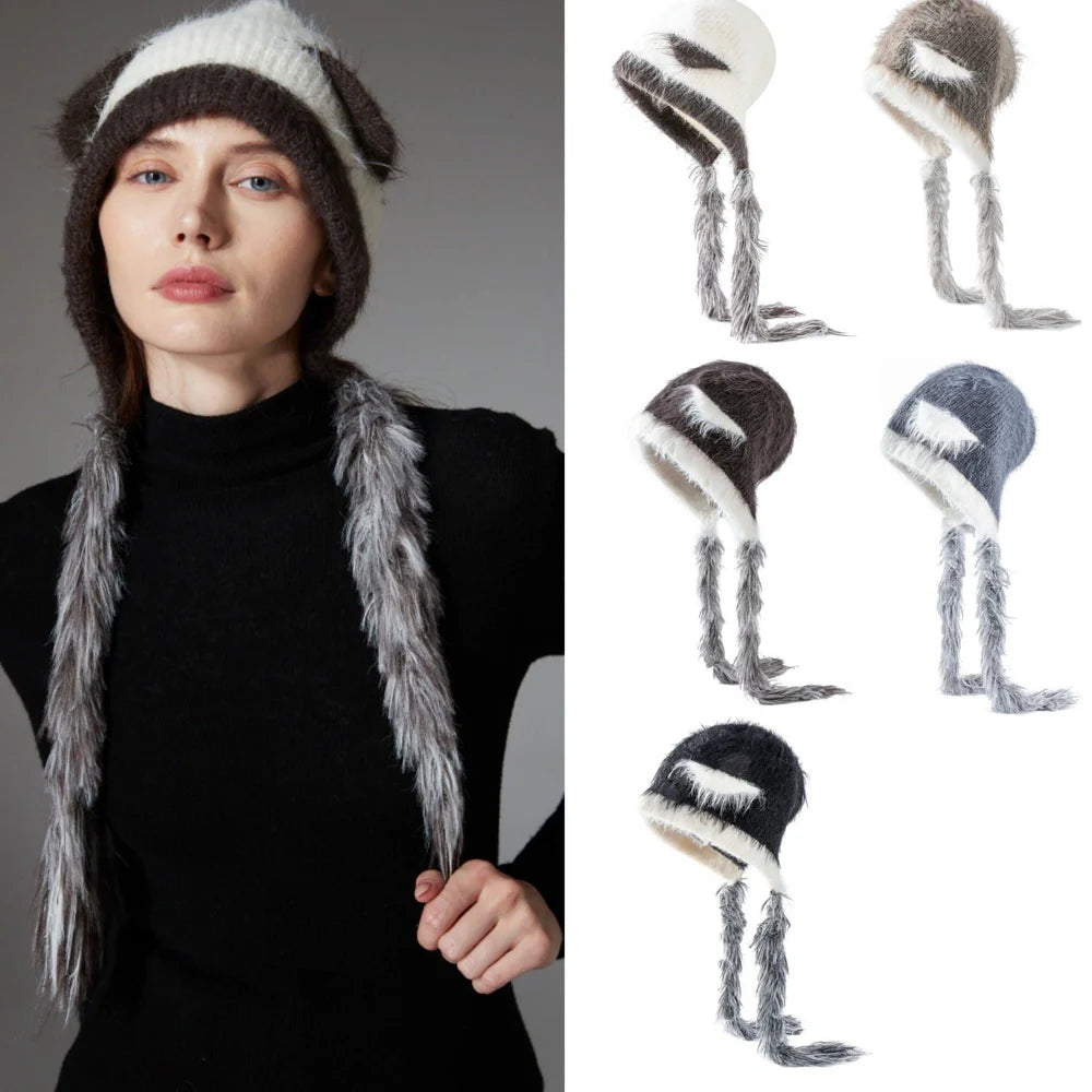 Cat ears mink wool knitted hat in white with tassel detail, 29x23cm dimensions