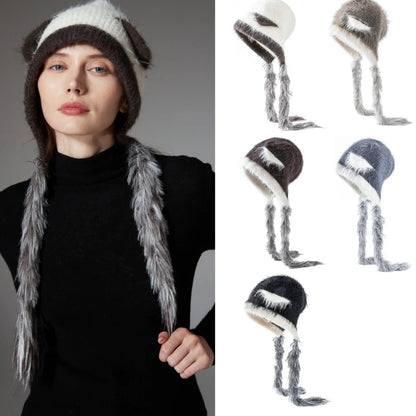 Cat ears mink wool knitted hat in white with tassel detail, 29x23cm dimensions